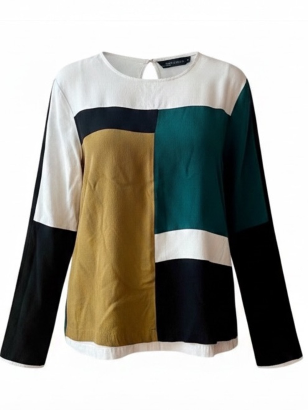 ZARA Color Block Camel/Olive, Forest Green, White, Black Long Sleeve Blouse